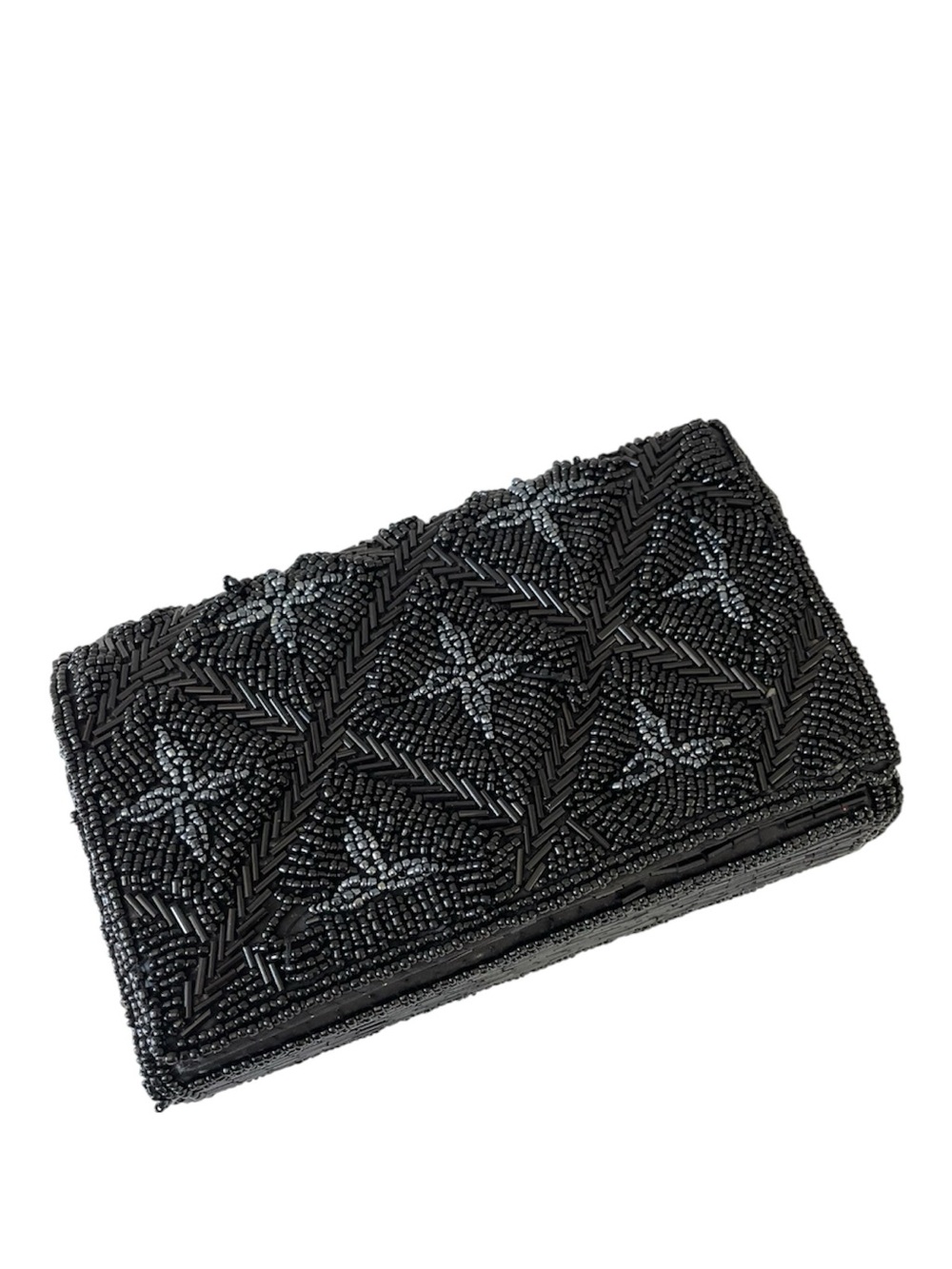 Vintage Black Hand Beaded Clutch Geometric Seed Bead Evening Bag